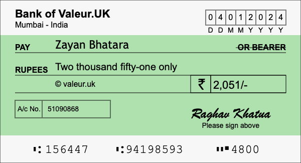 How to write a cheque for 2,051 rupees