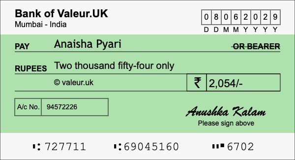 How to write a cheque for 2,054 rupees