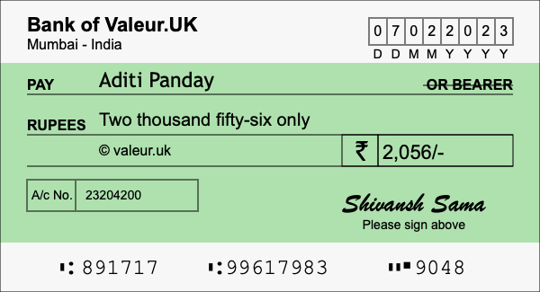 How to write a cheque for 2,056 rupees