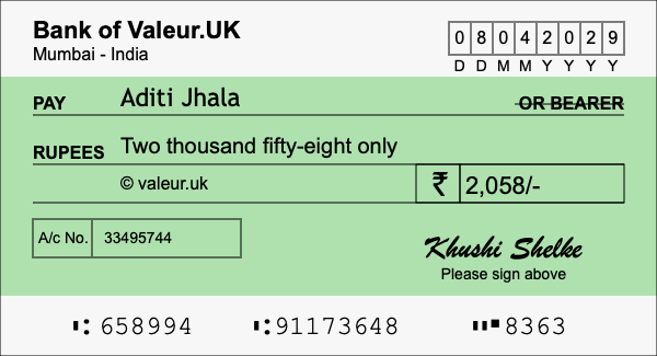 How to write a cheque for 2,058 rupees