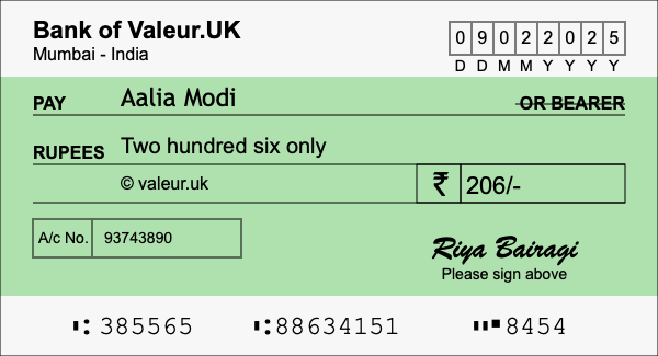 How to write a cheque for 206 rupees