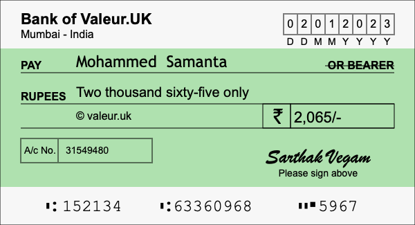 How to write a cheque for 2,065 rupees