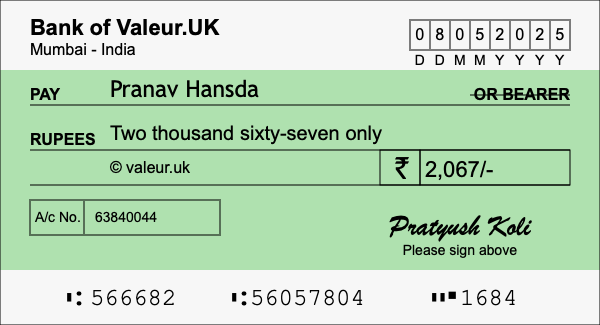 How to write a cheque for 2,067 rupees