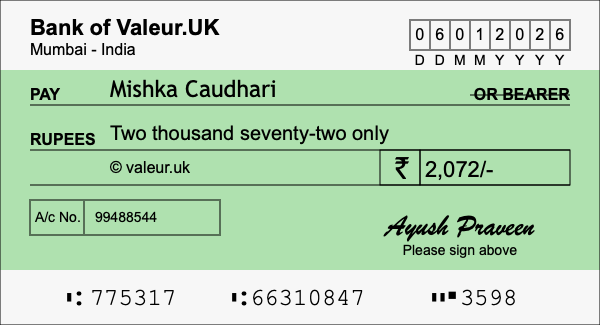 How to write a cheque for 2,072 rupees