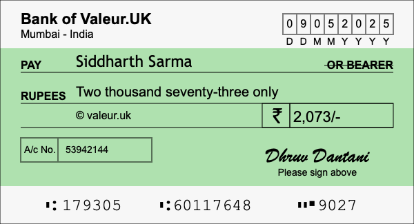 How to write a cheque for 2,073 rupees