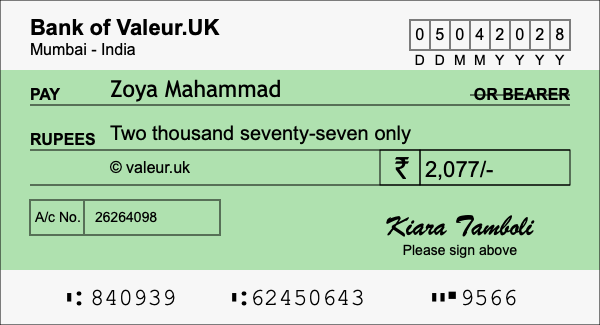 How to write a cheque for 2,077 rupees