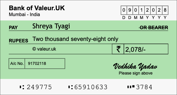 How to write a cheque for 2,078 rupees
