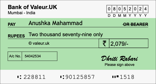 How to write a cheque for 2,079 rupees