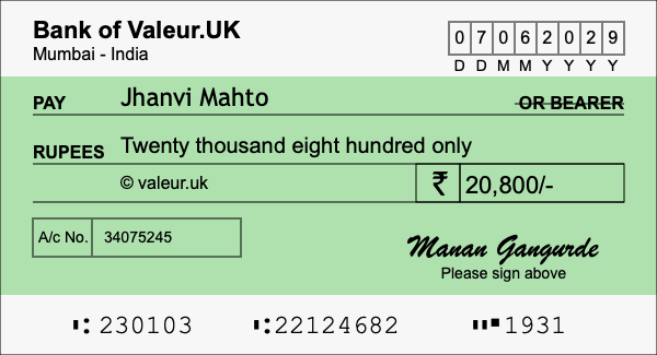 How to write a cheque for 20,800 rupees How to write a cheque for 20,800 rupees