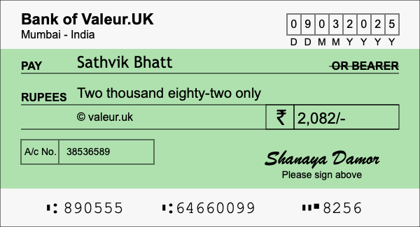 How to write a cheque for 2,082 rupees