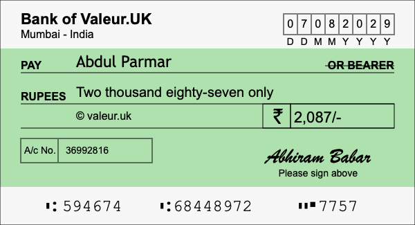 How to write a cheque for 2,087 rupees