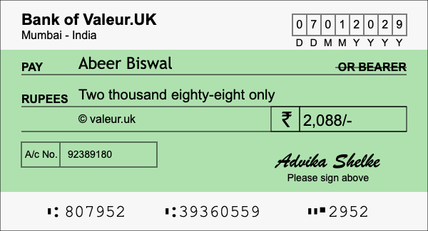 How to write a cheque for 2,088 rupees