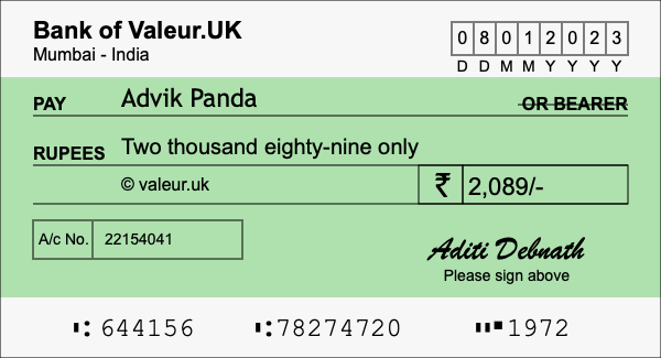 How to write a cheque for 2,089 rupees