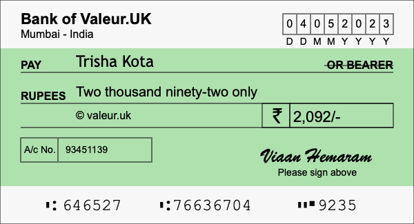 How to write a cheque for 2,092 rupees
