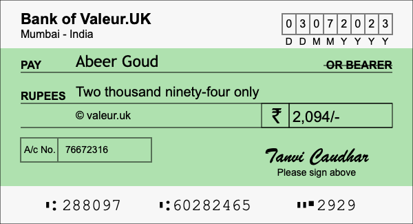 How to write a cheque for 2,094 rupees How to write a cheque for 2,094 rupees