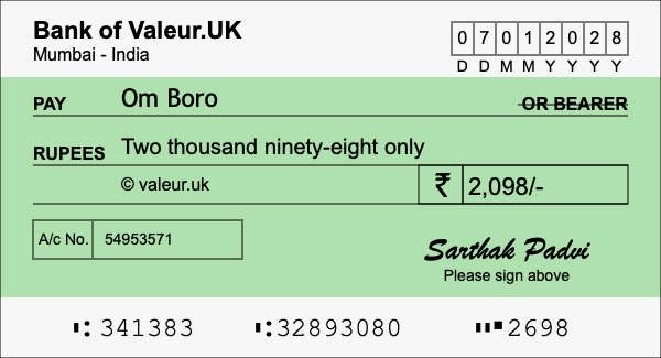 How to write a cheque for 2,098 rupees