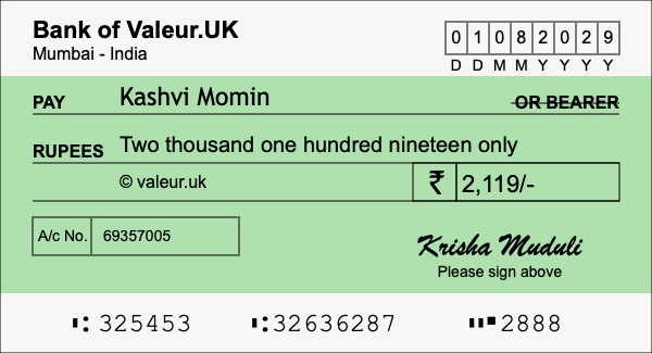 How to write a cheque for 2,119 rupees