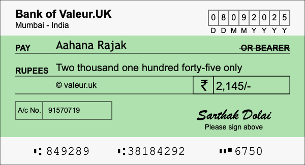 How to write a cheque for 2,145 rupees