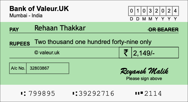 How to write a cheque for 2,149 rupees