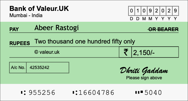 How to write a cheque for 2,150 rupees