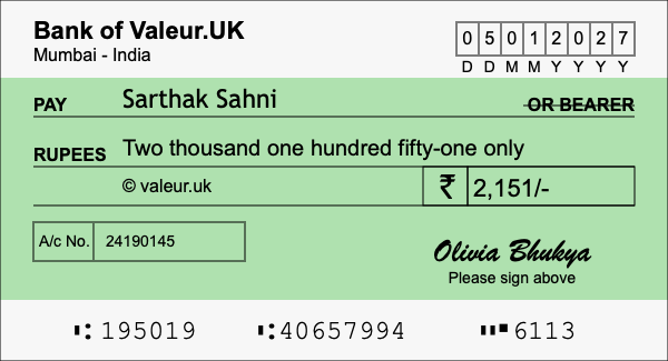 How to write a cheque for 2,151 rupees