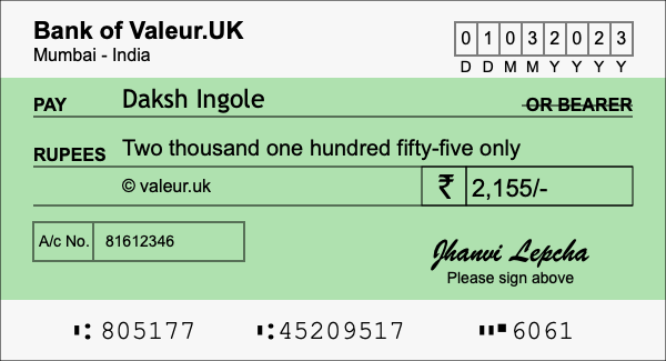 How to write a cheque for 2,155 rupees