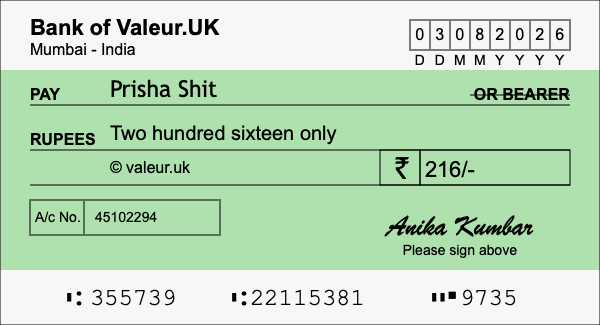 How to write a cheque for 216 rupees
