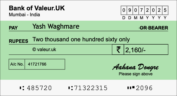 How to write a cheque for 2,160 rupees