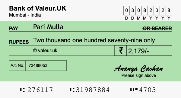 How to write a cheque for 2,179 rupees