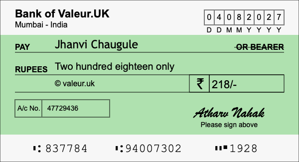 How to write a cheque for 218 rupees