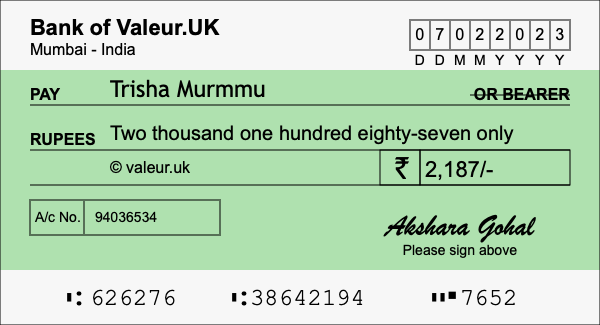 How to write a cheque for 2,187 rupees