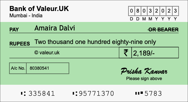 How to write a cheque for 2,189 rupees