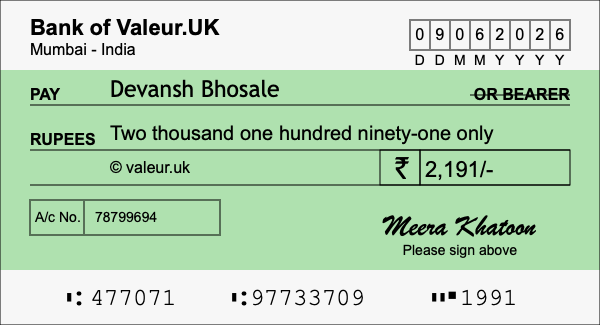 How to write a cheque for 2,191 rupees