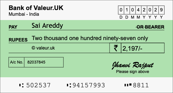 How to write a cheque for 2,197 rupees