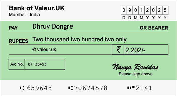 How to write a cheque for 2,202 rupees