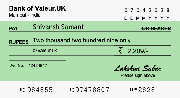 How to write a cheque for 2,209 rupees