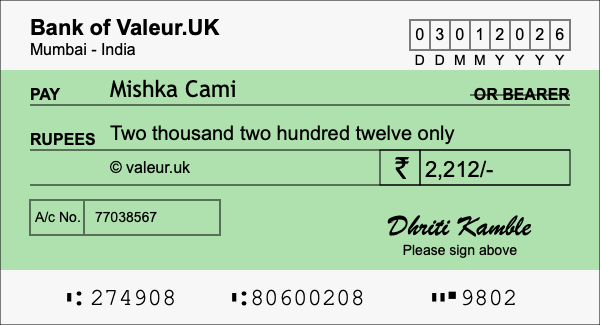 How to write a cheque for 2,212 rupees