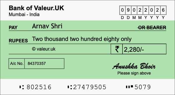 How to write a cheque for 2,280 rupees