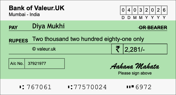 How to write a cheque for 2,281 rupees
