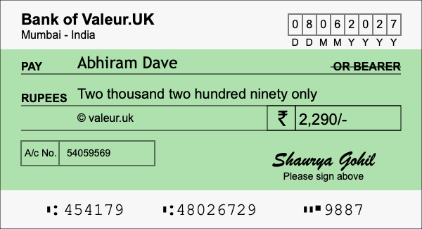 How to write a cheque for 2,290 rupees