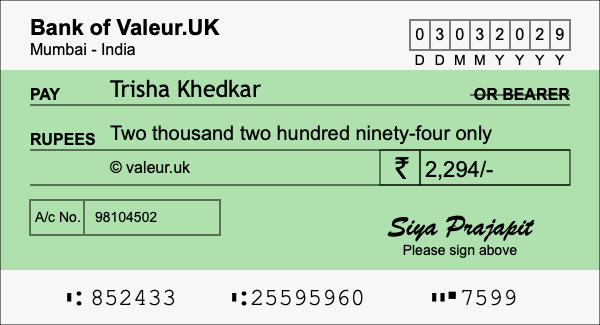 How to write a cheque for 2,294 rupees How to write a cheque for 2,294 rupees