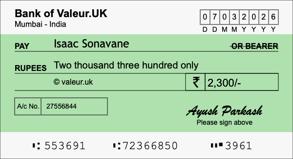 How to write a cheque for 2,300 rupees