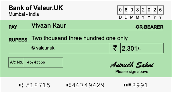 How to write a cheque for 2,301 rupees
