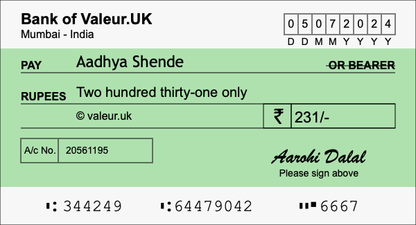 How to write a cheque for 231 rupees