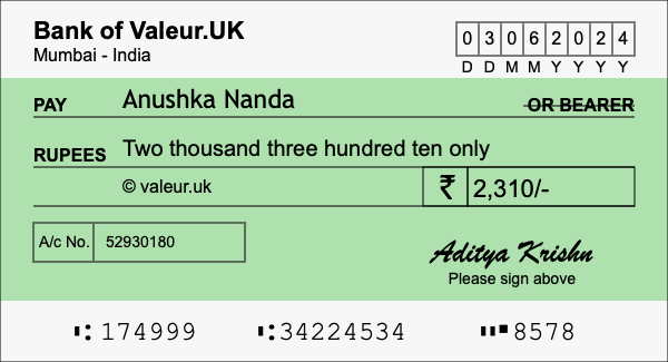 How to write a cheque for 2,310 rupees