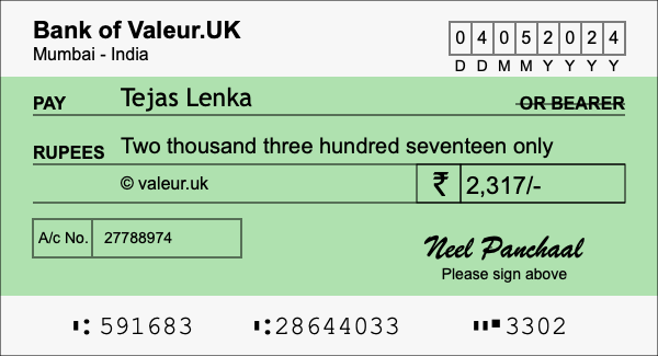 How to write a cheque for 2,317 rupees