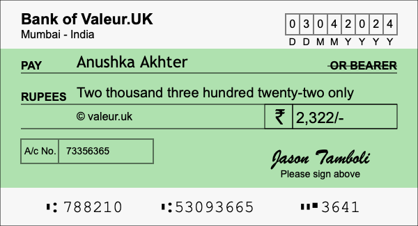 How to write a cheque for 2,322 rupees