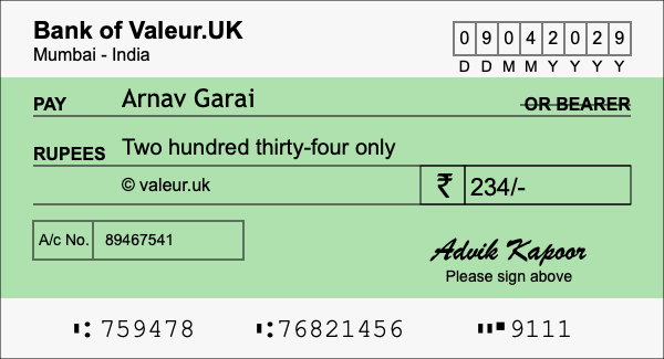 How to write a cheque for 234 rupees