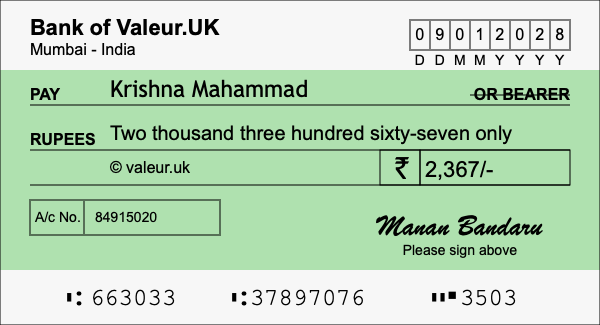 How to write a cheque for 2,367 rupees