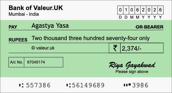 How to write a cheque for 2,374 rupees